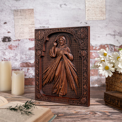 The Sacred Heart and Divine Mercy Jesus Christ Wood Wall Plaque,wood carving religious,Holy Statue
