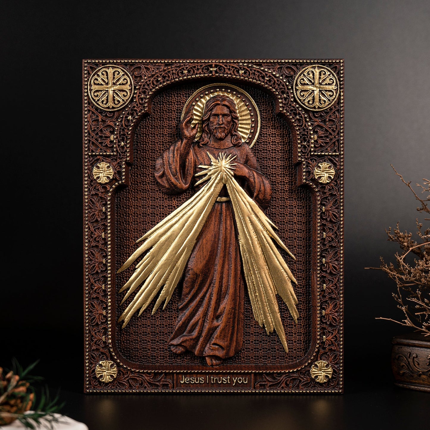 The Sacred Heart and Divine Mercy Jesus Christ Wood Wall Plaque,wood carving religious,Holy Statue