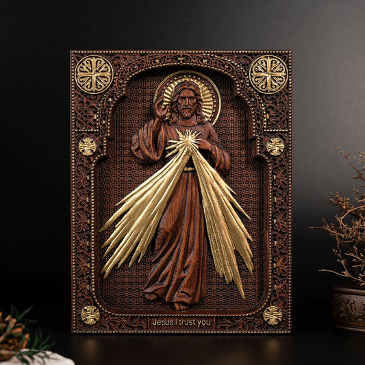 The Sacred Heart and Divine Mercy Jesus Christ Wood Wall Plaque,wood carving religious,Holy Statue