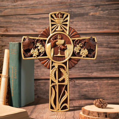 Holy Communion Cross Wall Decor,Hand Carved Wooden Chalice Cross with Grapes and Wheat for Catholic Christian Gifts,Holy Chalic