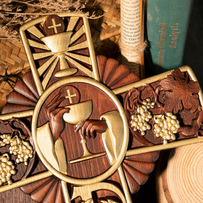 Holy Communion Cross Wall Decor,Hand Carved Wooden Chalice Cross with Grapes and Wheat for Catholic Christian Gifts,Holy Chalic