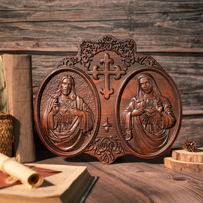 Wood Sacred Heart of Jesus and Heart of Mary Plaque,New Religious Christmas Gift,Holy Family Wooden Cross Wall Decor