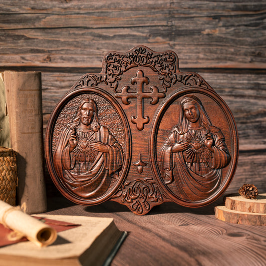 Wood Sacred Heart of Jesus and Heart of Mary Plaque,New Religious Christmas Gift,Holy Family Wooden Cross Wall Decor