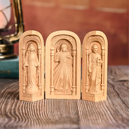 Round Wood Carving,Catholic holy relics three-fold wooden box,hanging art,religious Blessing