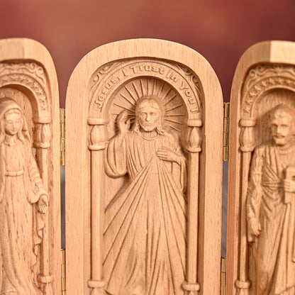 Round Wood Carving,Catholic holy relics three-fold wooden box,hanging art,religious Blessing