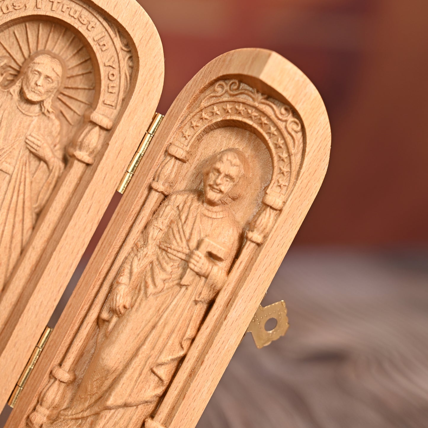 Round Wood Carving,Catholic holy relics three-fold wooden box,hanging art,religious Blessing