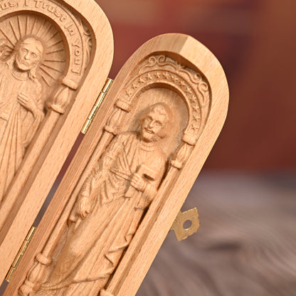 Round Wood Carving,Catholic holy relics three-fold wooden box,hanging art,religious Blessing
