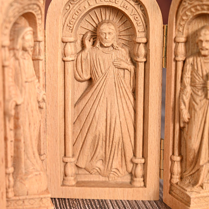 Round Wood Carving,Catholic holy relics three-fold wooden box,hanging art,religious Blessing