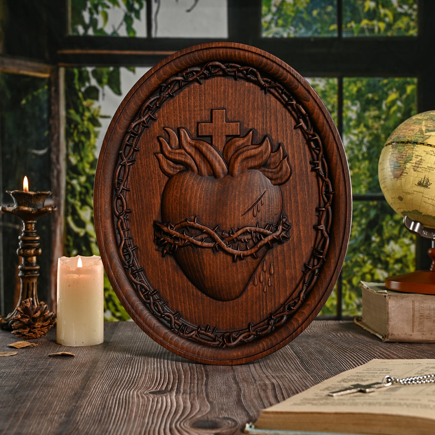 Religious Wood carving Sacred Heart of Jesus,Sacred Family Three Sacred Hearts Wall Decoration Wood Sculpture