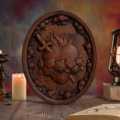 Wood carving lmmaculate Heart of Mary,Sacred Family Three Sacred Hearts Wall Decoration Wood Sculpture