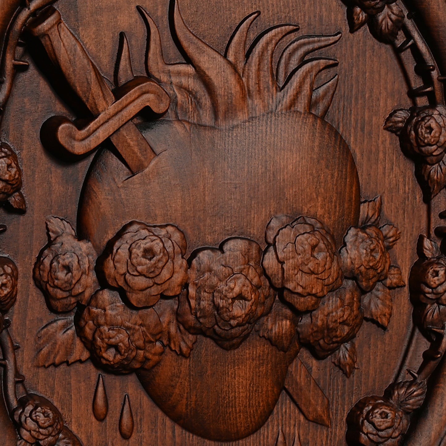 Wood carving lmmaculate Heart of Mary,Sacred Family Three Sacred Hearts Wall Decoration Wood Sculpture
