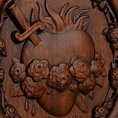 Wood carving lmmaculate Heart of Mary,Sacred Family Three Sacred Hearts Wall Decoration Wood Sculpture