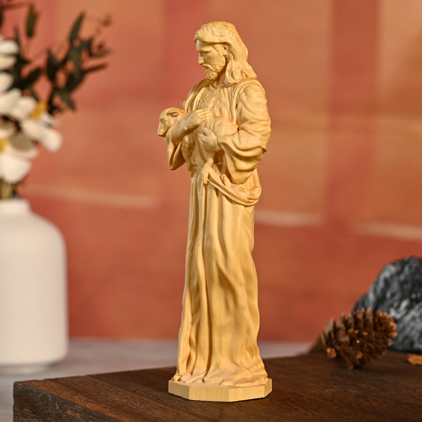 Religious Wood carving,Jesus Christ,good shepherd,religious figure,nativity scene,decoration church