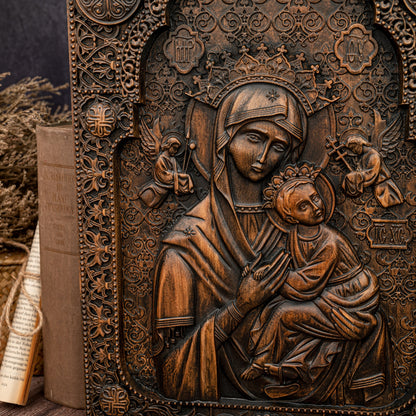 Wood carving statue,Our Lady of Perpetual Help Wood Carving Wall Decor Gift,Blessed Virgin Mary