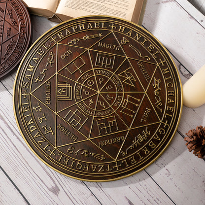 Seven Angels Disc Wood Carving,Amulet to protect against the evil eye, curses and spells