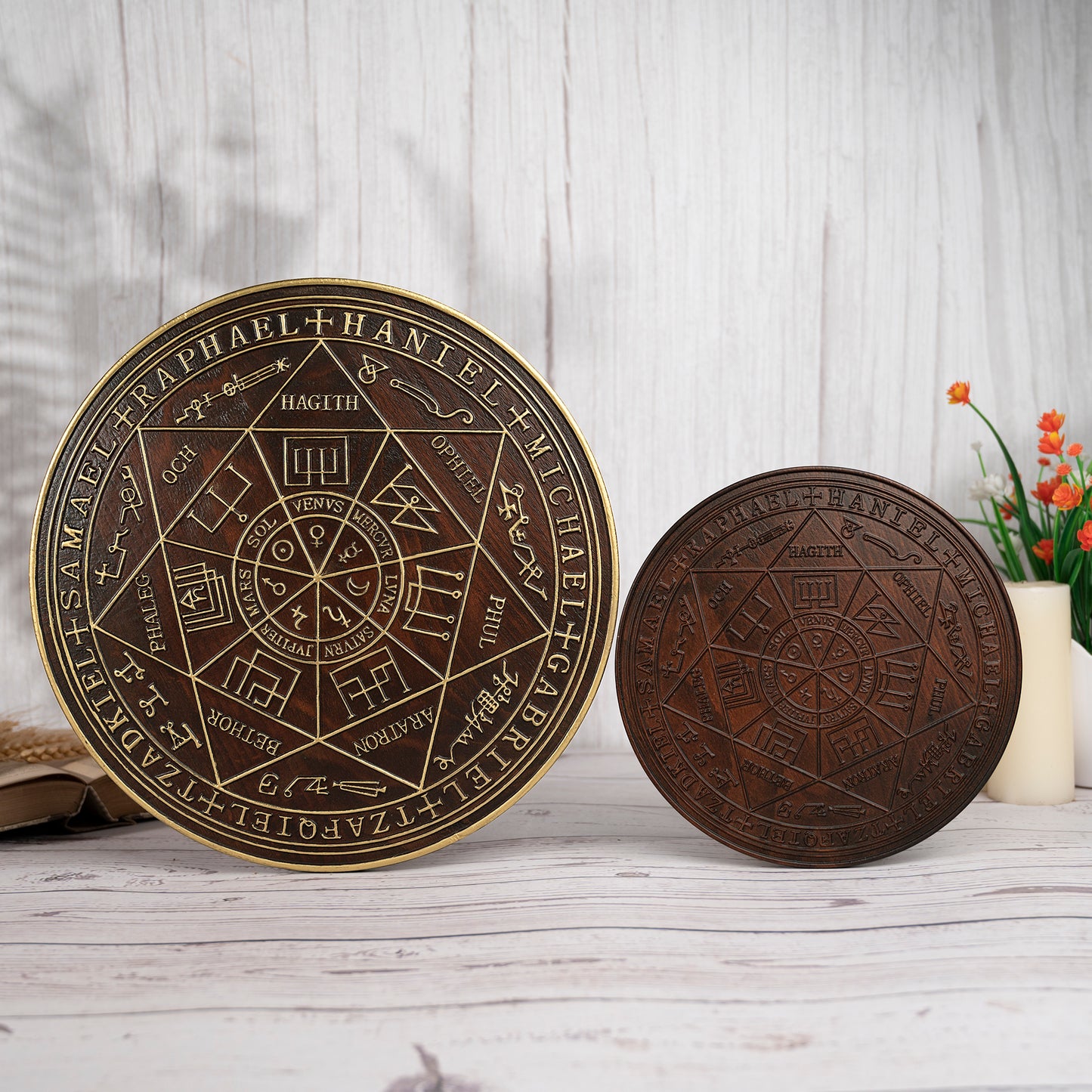 Seven Angels Disc Wood Carving,Amulet to protect against the evil eye, curses and spells