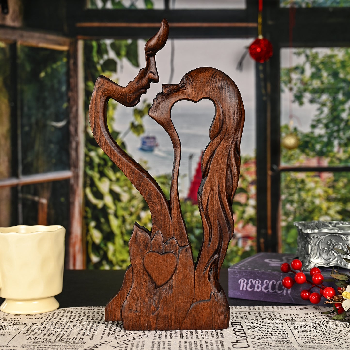 Cross wood carving,Couple portrait sculpture Love Cross,carved tabletop,Wedding Family s day gift,