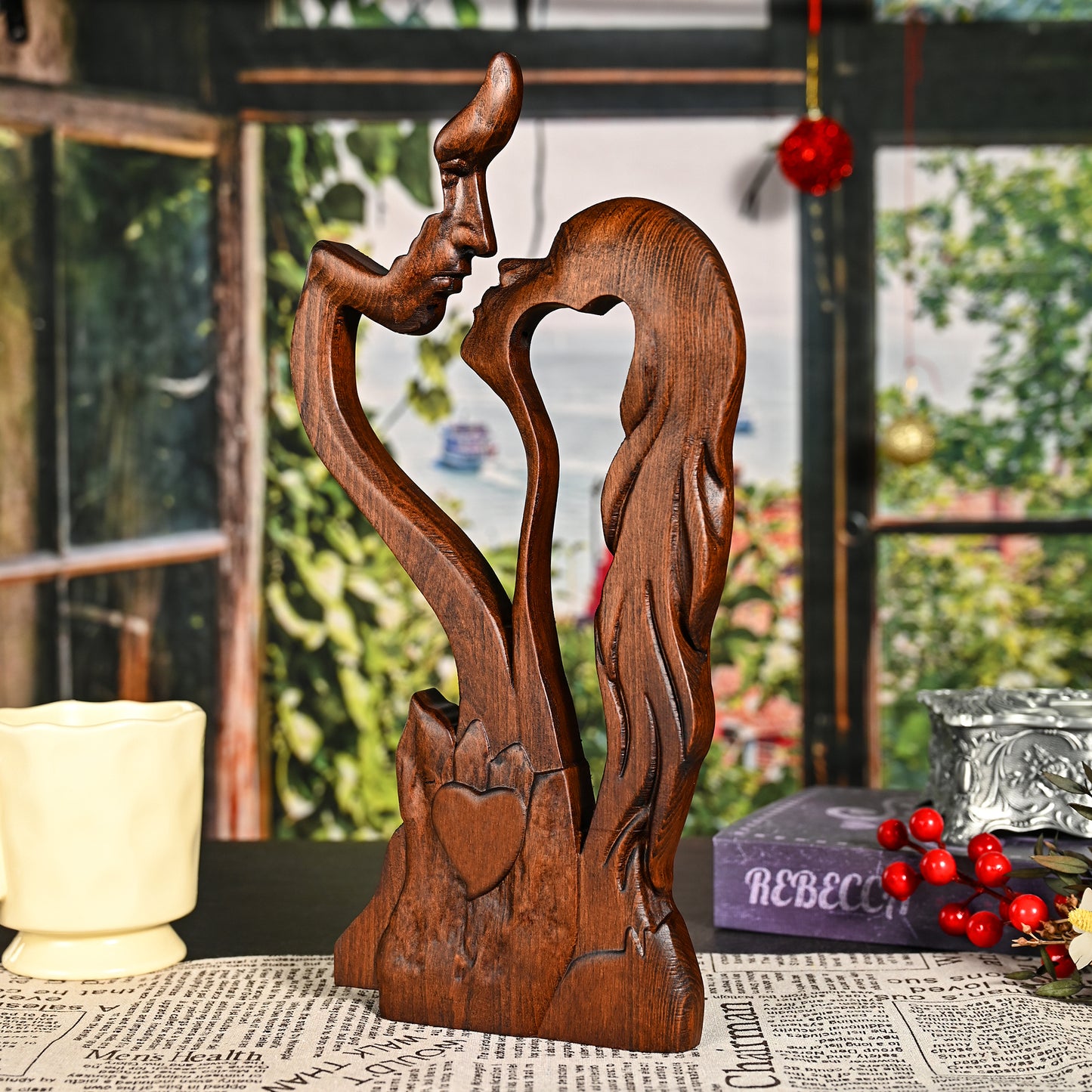 Cross wood carving,Couple portrait sculpture Love Cross,carved tabletop,Wedding Family s day gift,