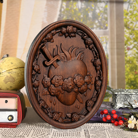 Wood carving lmmaculate Heart of Mary,Sacred Family Three Sacred Hearts Wall Decoration Wood Sculpture