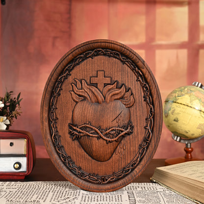 Religious Wood carving Sacred Heart of Jesus,Sacred Family Three Sacred Hearts Wall Decoration Wood Sculpture