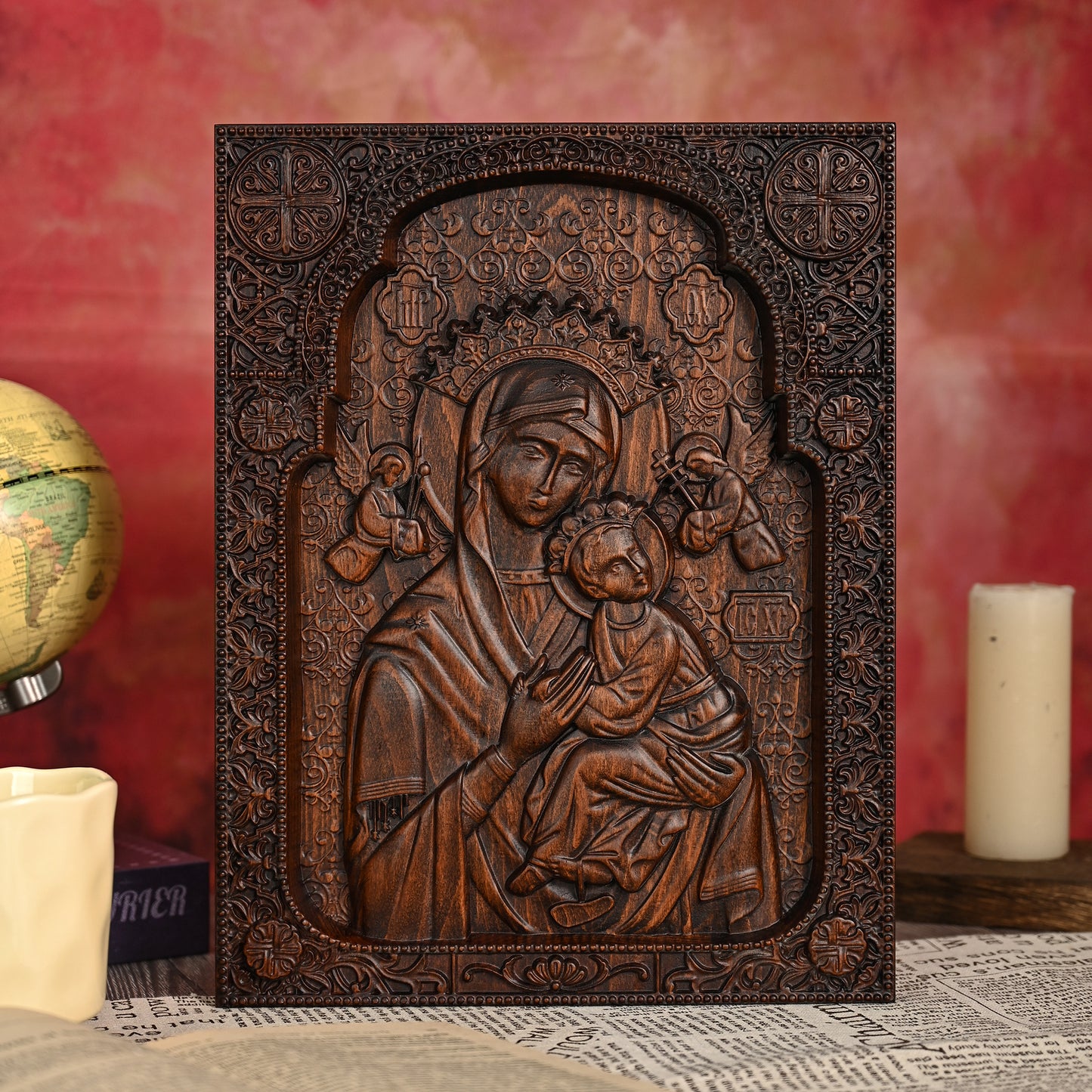 Wood carving statue,Our Lady of Perpetual Help Wood Carving Wall Decor Gift,Blessed Virgin Mary