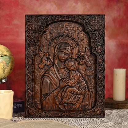 Wood carving statue,Our Lady of Perpetual Help Wood Carving Wall Decor Gift,Blessed Virgin Mary