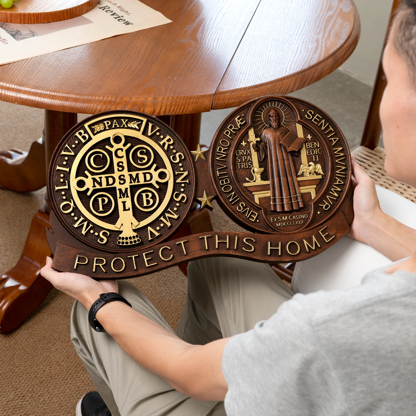 Wood tabletop ornament,St. Benedict's Exorcism Medal Christian Wall Plaque,Best Christmas Gift