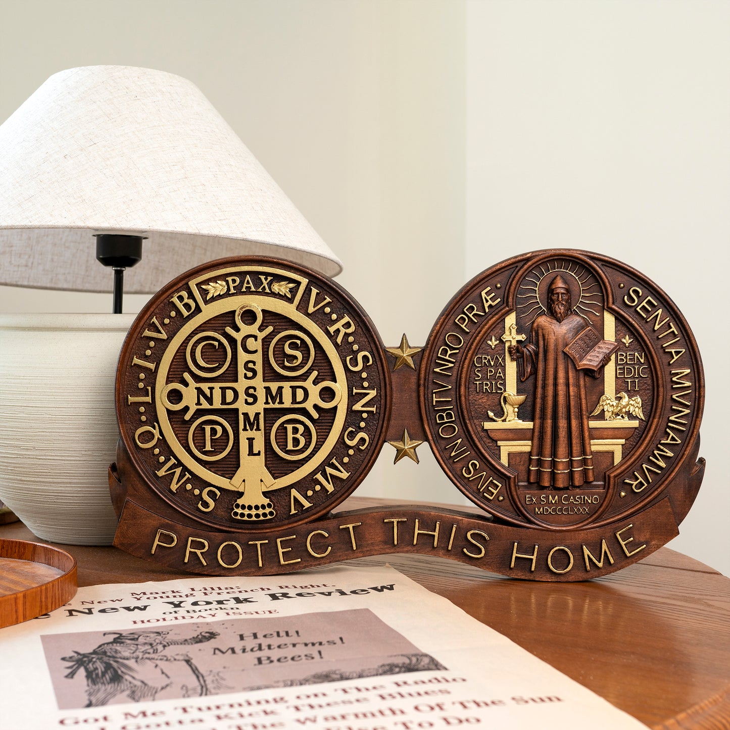 Wood tabletop ornament,St. Benedict's Exorcism Medal Christian Wall Plaque,Best Christmas Gift