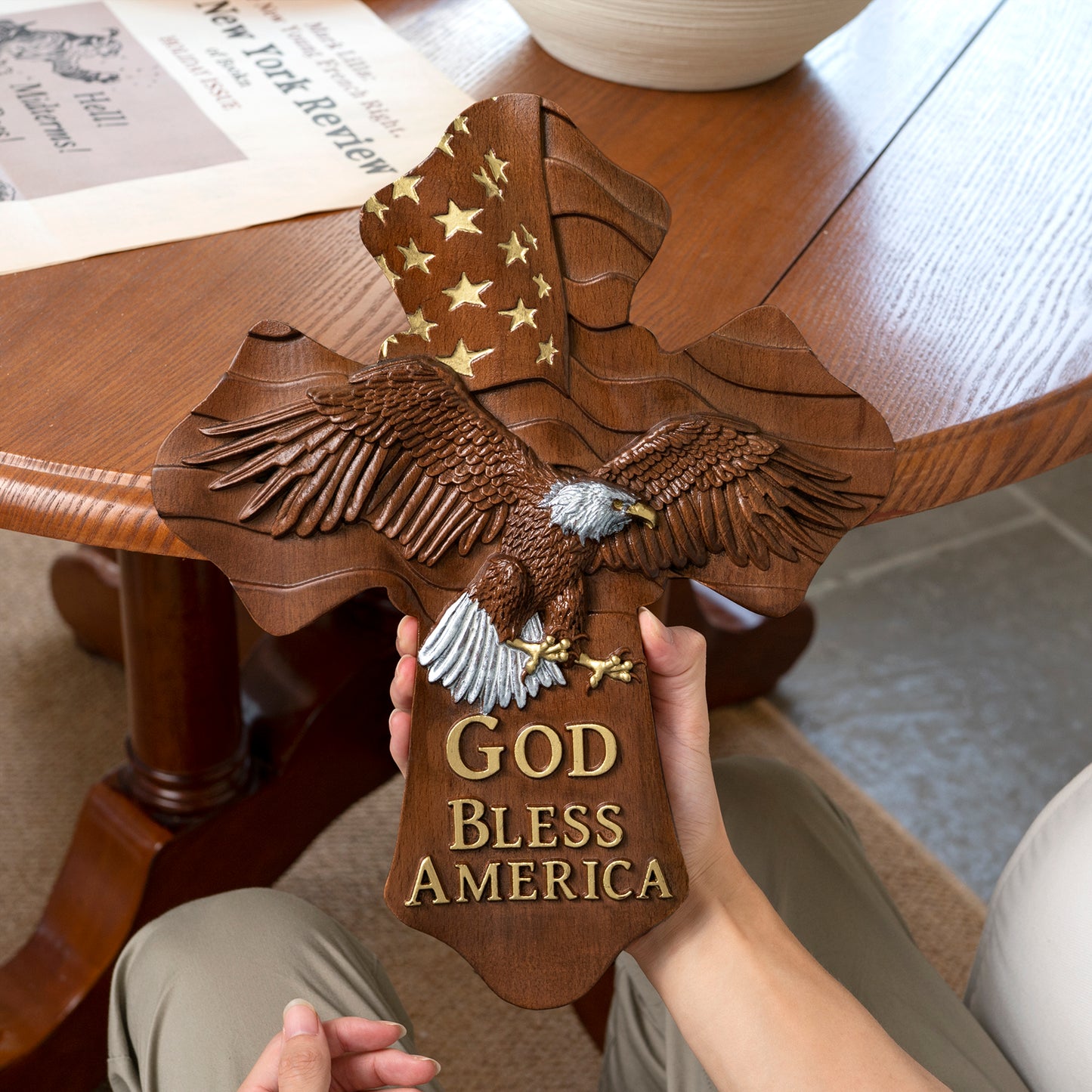 USA Wood carving,American Eagle Wooden Cross,God Bless America,wooden wall hanging,christian gift