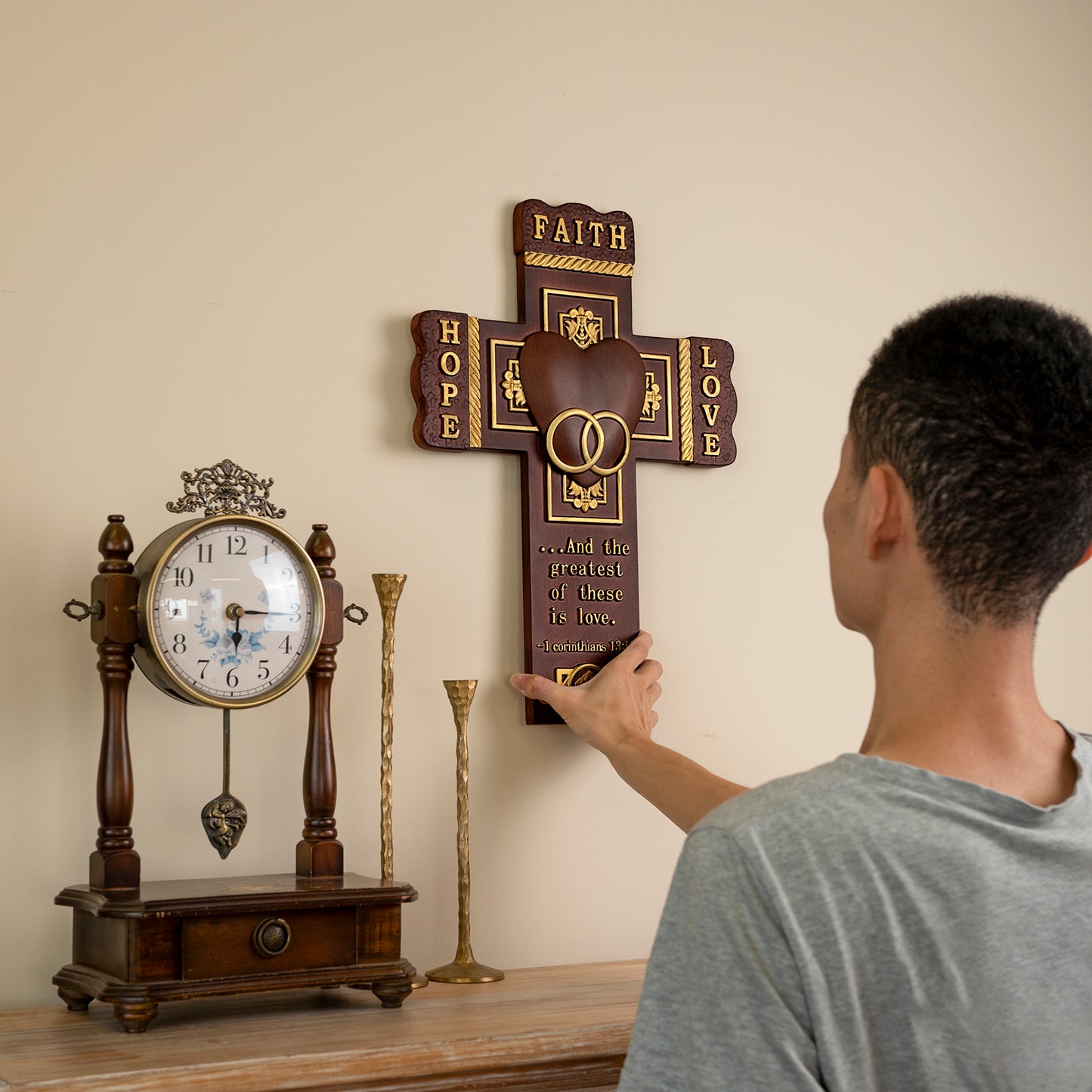 Wood carving statue Wedding Cross for Church,wall hanging art,Faith, Hope and Love Wall Cross with Bible Verse