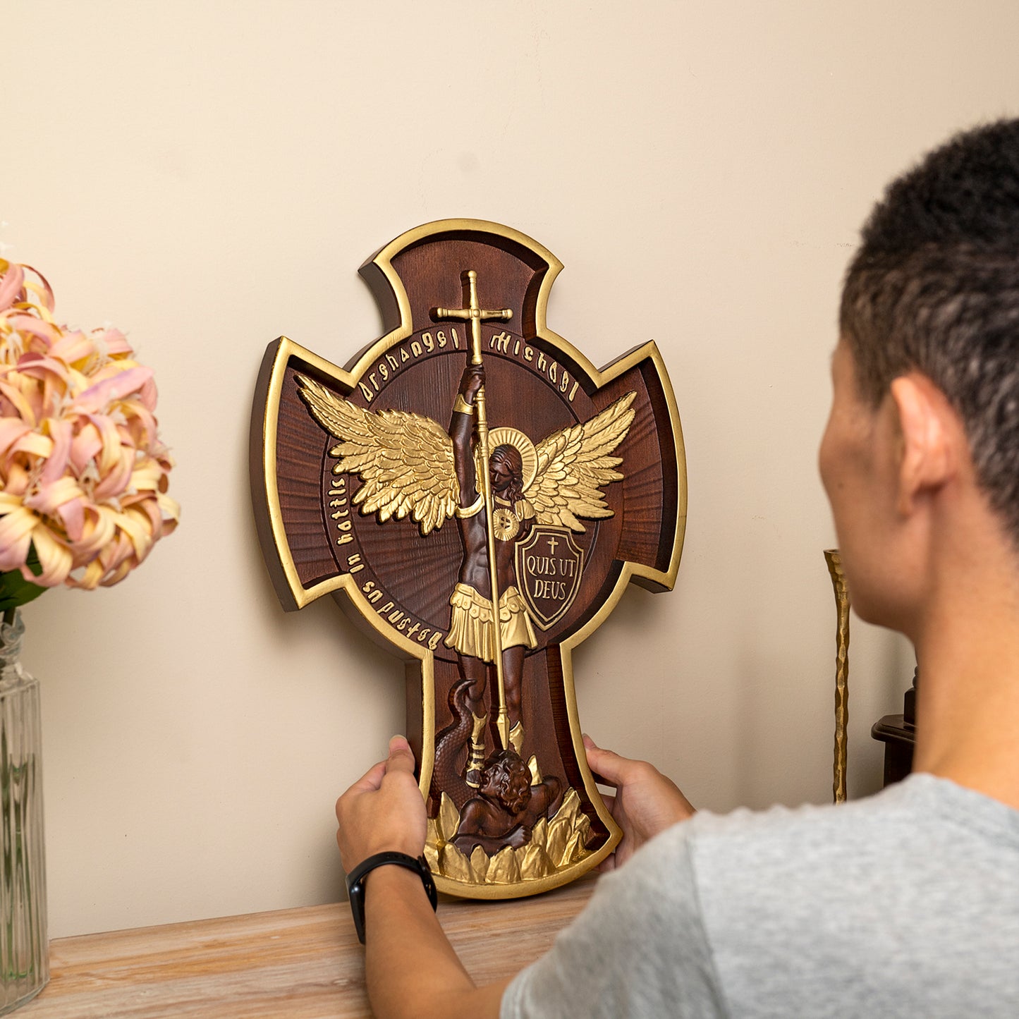 Wood carving gift,Archangel Michael Solid crosss,Hand carved from a whole piece of wood,Guardian Angel
