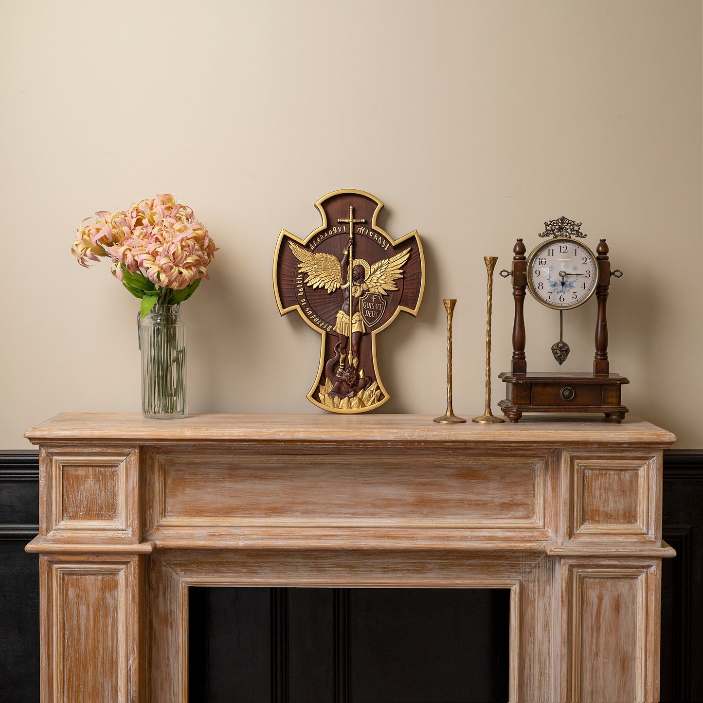 Wood carving gift,Archangel Michael Solid crosss,Hand carved from a whole piece of wood,Guardian Angel