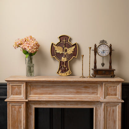 Wood carving gift,Archangel Michael Solid crosss,Hand carved from a whole piece of wood,Guardian Angel