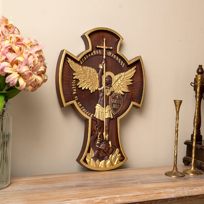 Wood carving gift,Archangel Michael Solid crosss,Hand carved from a whole piece of wood,Guardian Angel