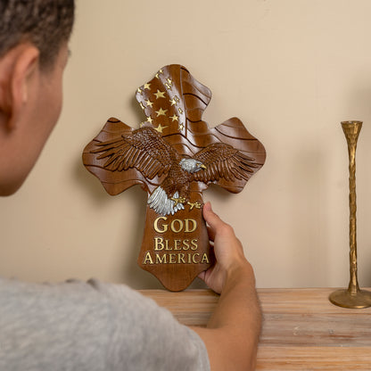 USA Wood carving,American Eagle Wooden Cross,God Bless America,wooden wall hanging,christian gift