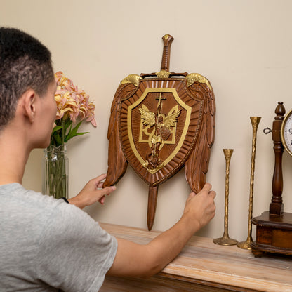 Large Wooden Carving,Sword and Shield Angel Solid Wood Carving,s exorcism,Guardian Angel