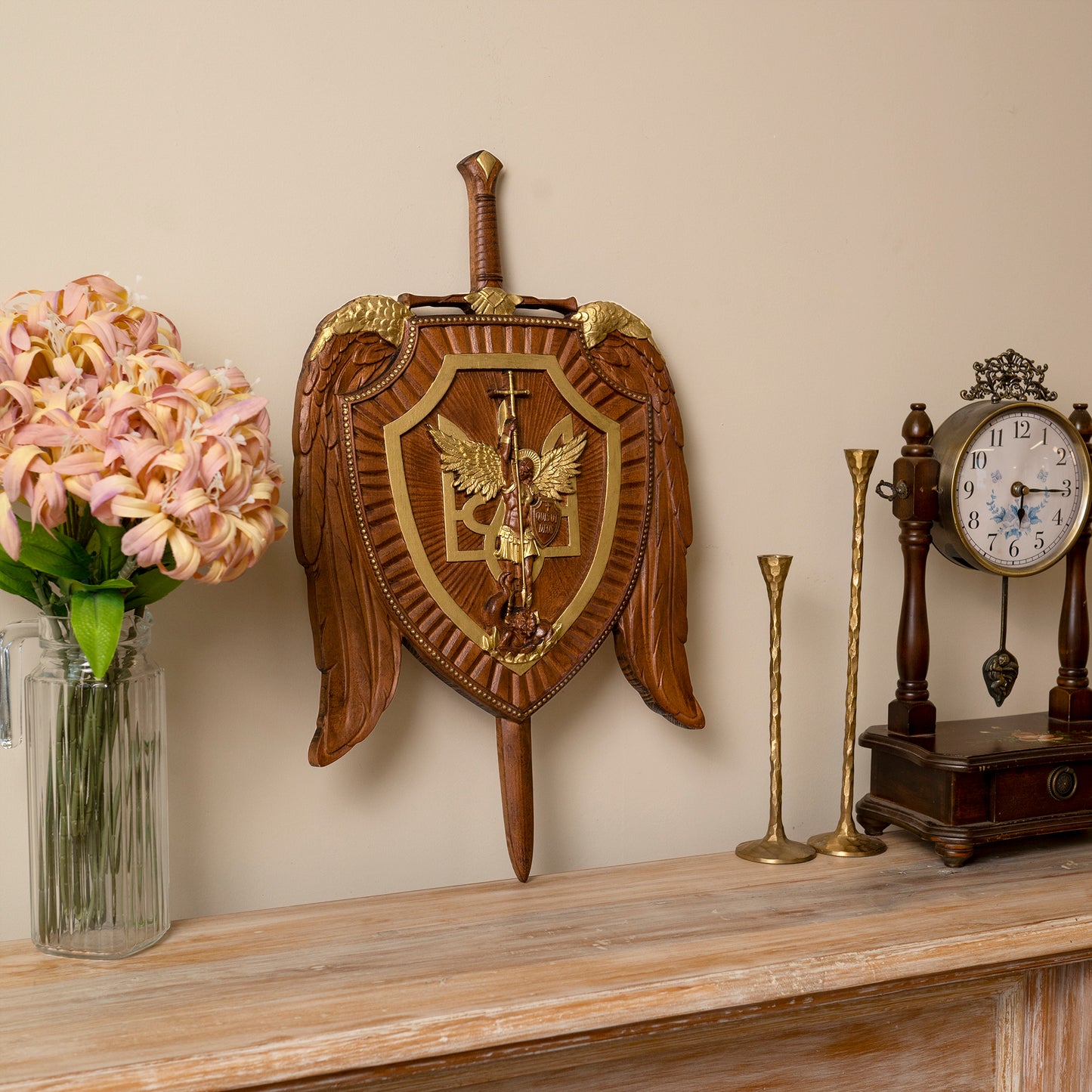 Large Wooden Carving,Sword and Shield Angel Solid Wood Carving,s exorcism,Guardian Angel