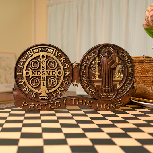 Wood tabletop ornament,St. Benedict's Exorcism Medal Christian Wall Plaque,Best Christmas Gift