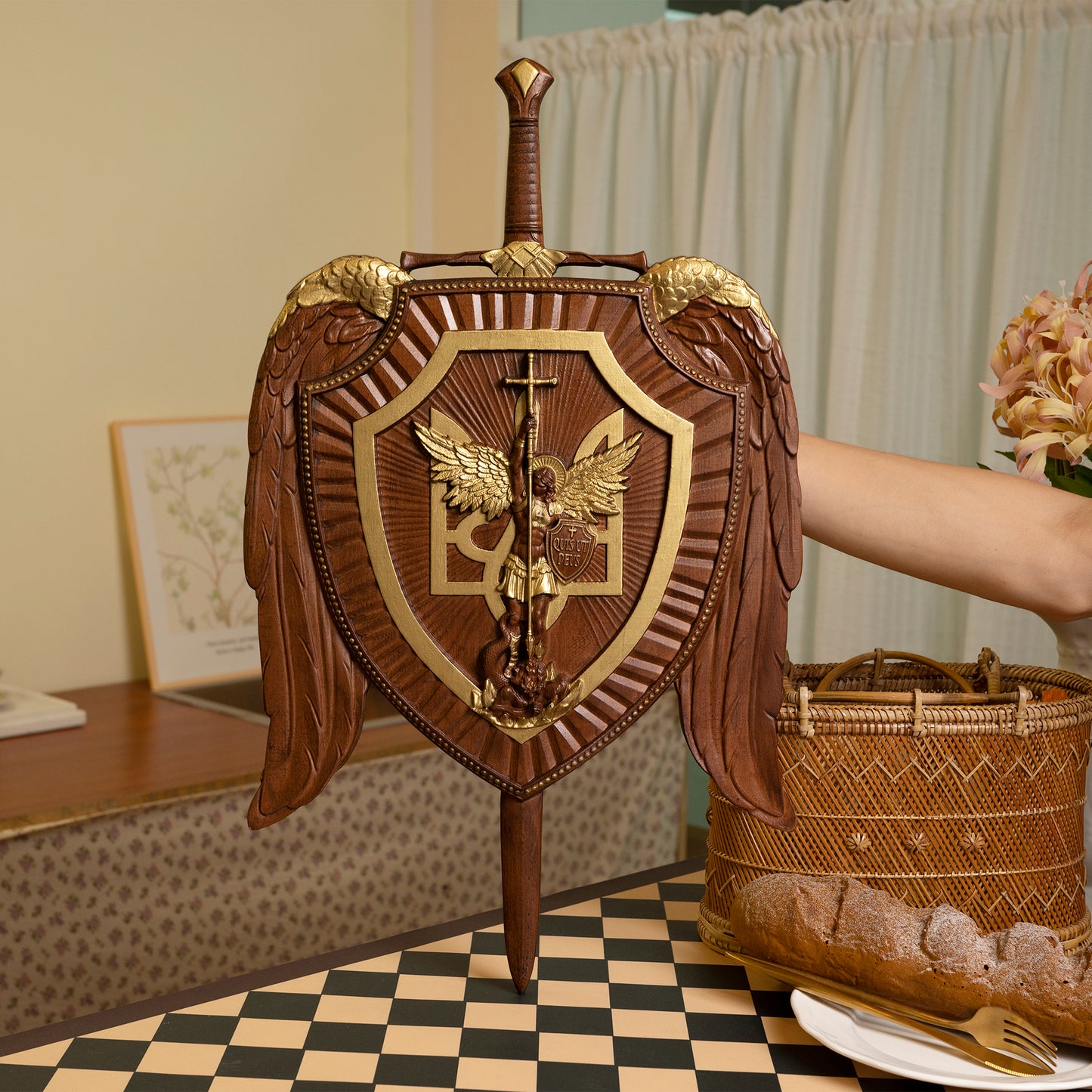 Large Wooden Carving,Sword and Shield Angel Solid Wood Carving,s exorcism,Guardian Angel
