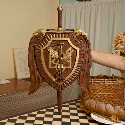 Large Wooden Carving,Sword and Shield Angel Solid Wood Carving,s exorcism,Guardian Angel