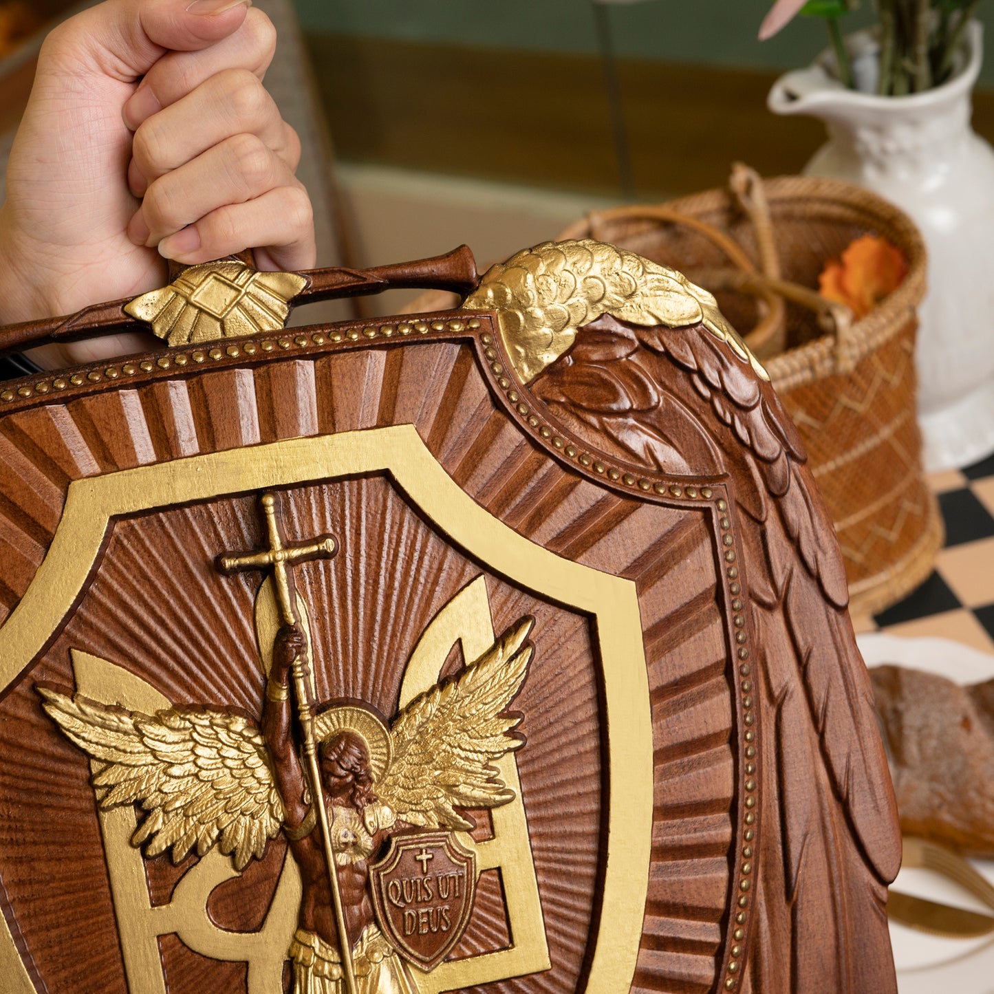 Large Wooden Carving,Sword and Shield Angel Solid Wood Carving,s exorcism,Guardian Angel