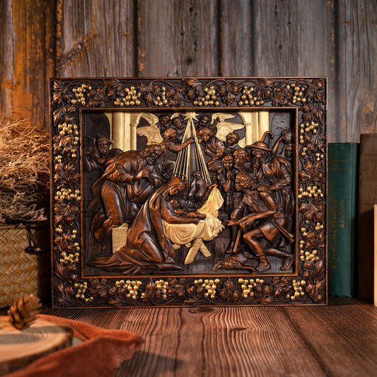Home decoration wooden Nativity Scene plaque, Christian sculpture, nativity figurine, religious Christmas gift