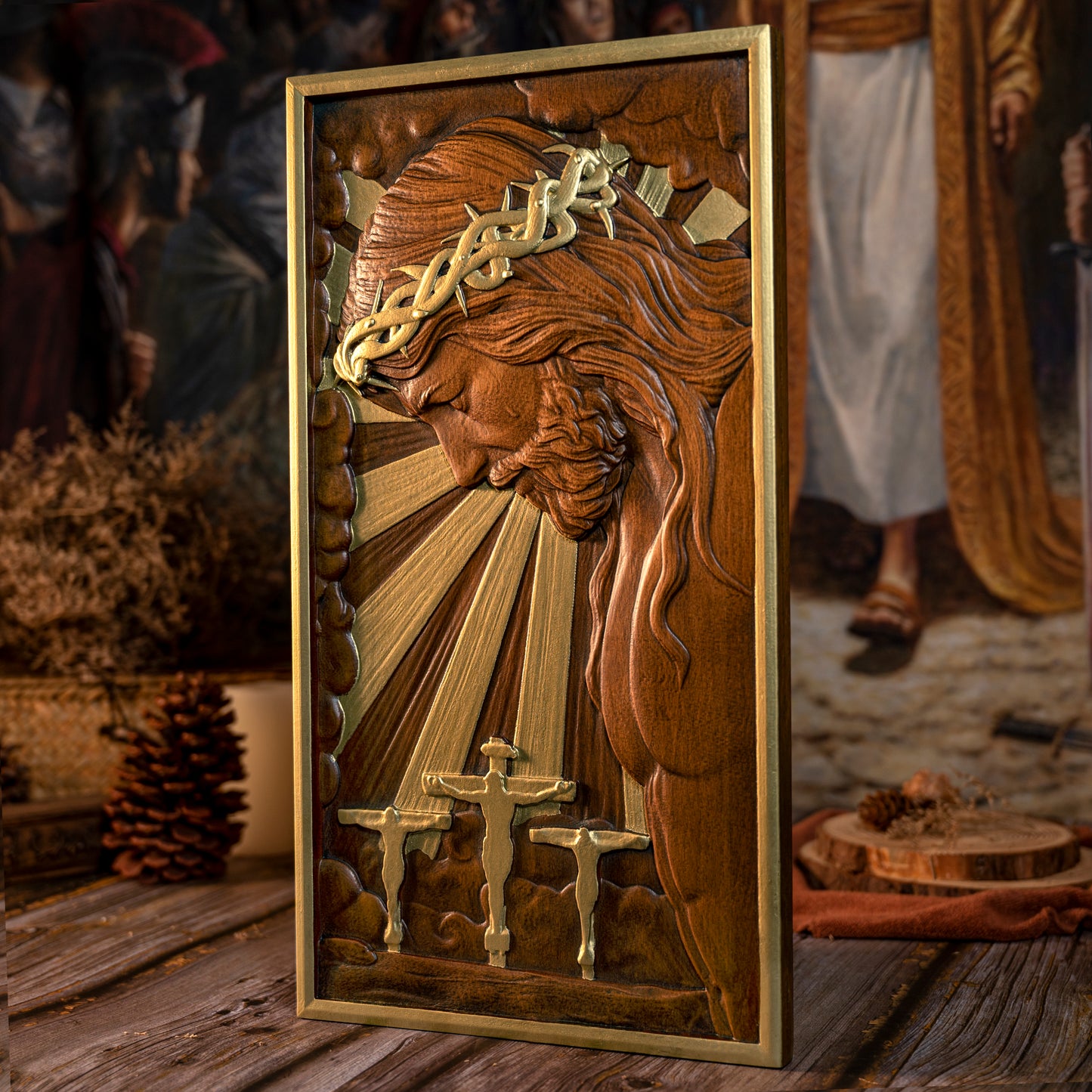 Wood carving religious,Plaque commemorating Good Friday,remembering the meaning of Jesus' crucifixion