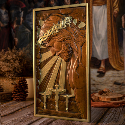 Wood carving religious,Plaque commemorating Good Friday,remembering the meaning of Jesus' crucifixion