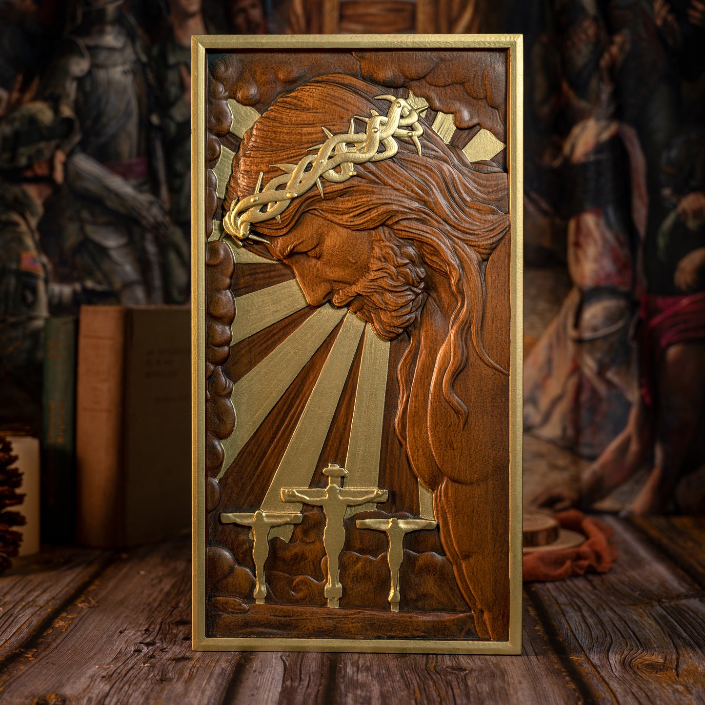 Wood carving religious,Plaque commemorating Good Friday,remembering the meaning of Jesus' crucifixion