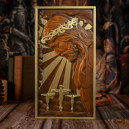 Wood carving religious,Plaque commemorating Good Friday,remembering the meaning of Jesus' crucifixion