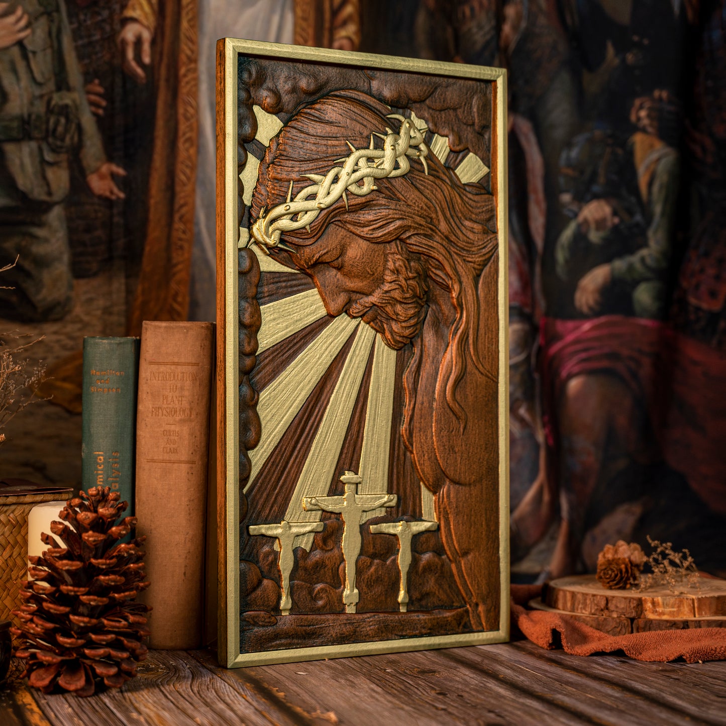 Wood carving religious,Plaque commemorating Good Friday,remembering the meaning of Jesus' crucifixion