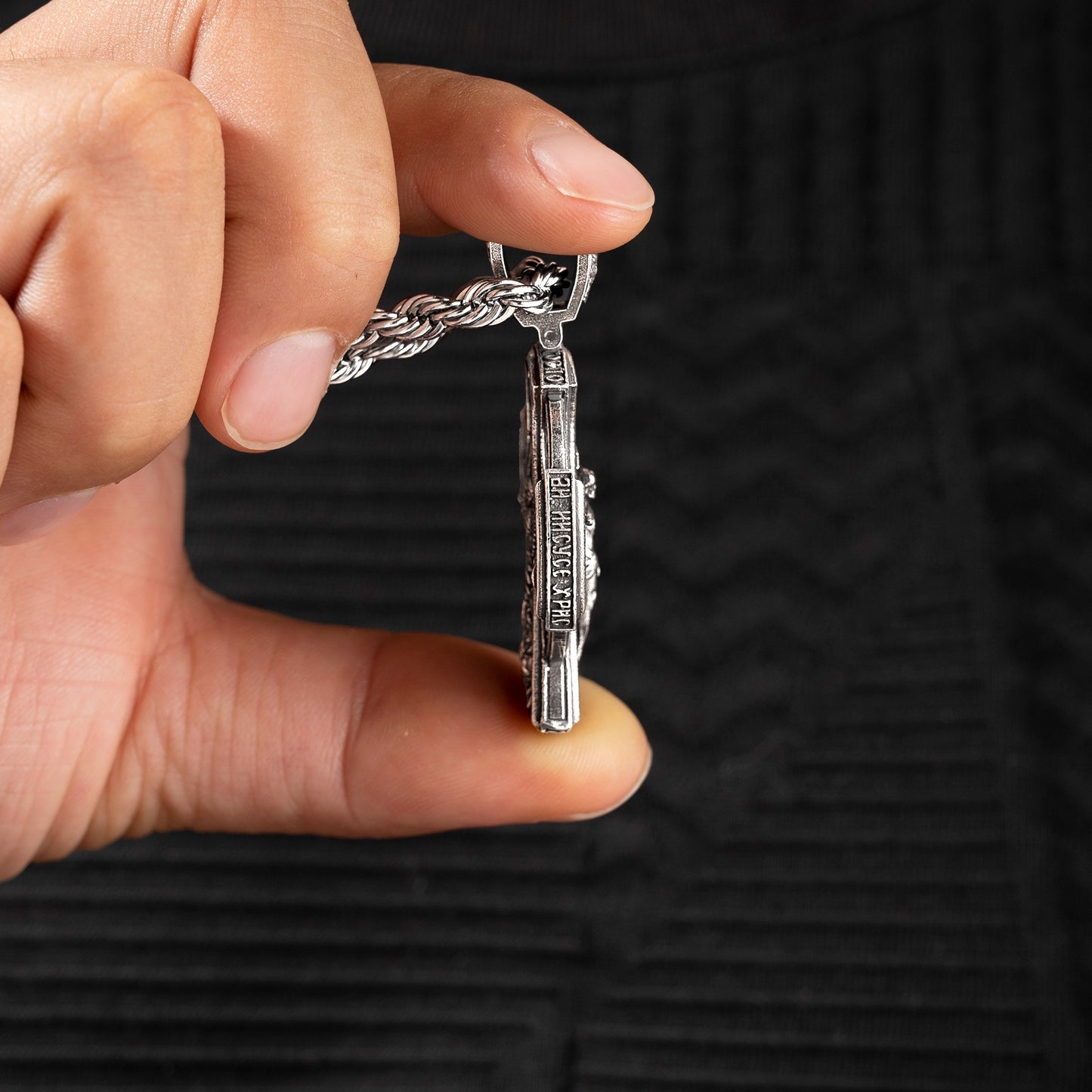 Engraved 925K Sterling Silver Necklace Michael Archangel and Crucifixion Front and Back