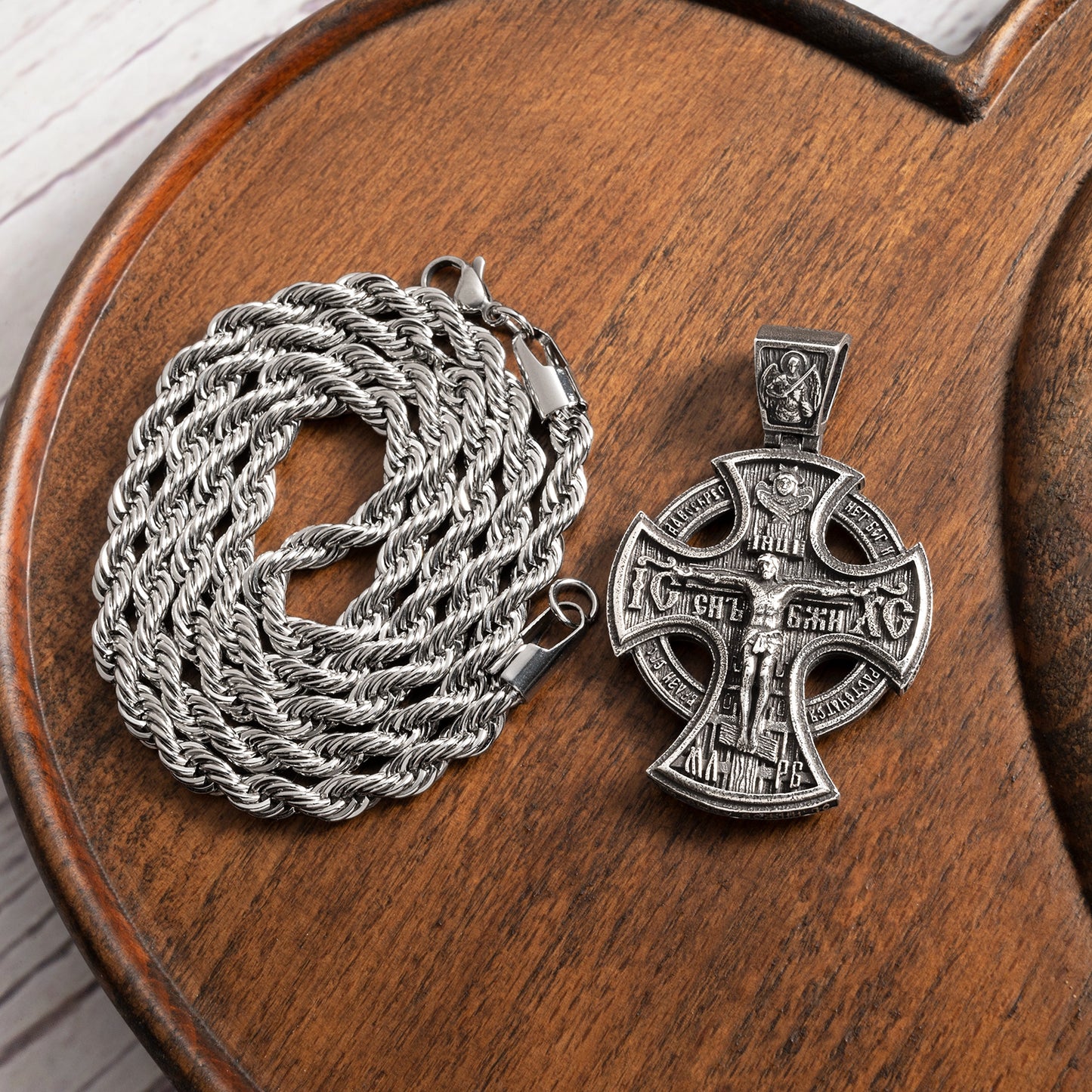 Engraved 925K Sterling Silver Necklace Michael Archangel and Crucifixion Front and Back