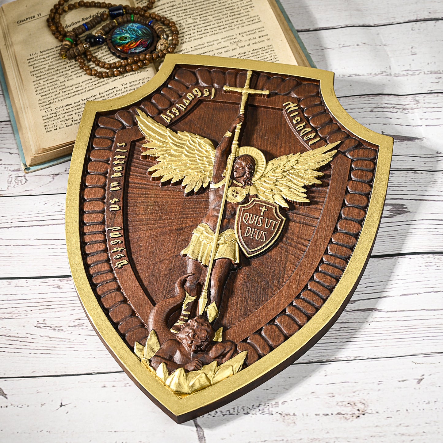 Wood carving Guardian Angel,Archangel Shield Michael Solid wood carving gift,Angels and Archangels Natural wood amulet